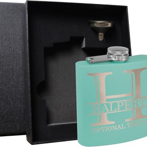 Personalized Etched Flask with Your Custom Text | 6oz, Teal, Stainless Steel | Custom Etched Flask | Halpert