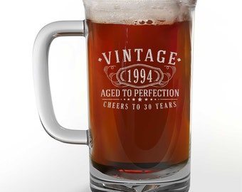 Vintage 1994 Etched 16oz Glass Beer Mug - 30th Birthday Aged to Perfection - 30 years old gifts Best Gift Idea 1.0