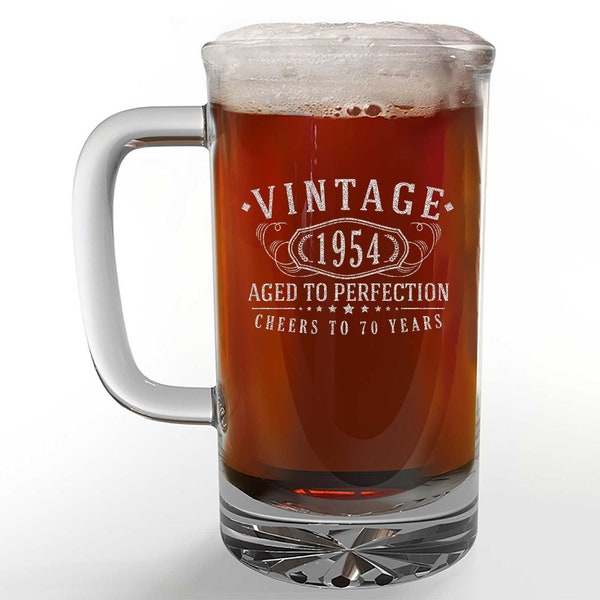 Vintage 1954 Etched 16oz Glass Beer Mug - 70th Birthday Aged to Perfection - 70 years old gifts Best Gift Idea 1.0