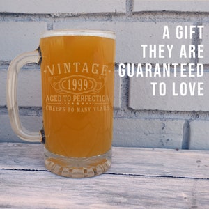 Vintage 1999 Etched 16oz Glass Beer Mug - 26th Birthday Aged to Perfection - 26 years old gifts