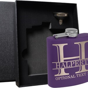 Personalized Etched Flask with Your Custom Text | 6oz, Purple, Stainless Steel | Custom Etched Flask | Halpert