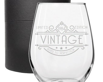 Vintage 1984 Etched 17oz Stemless Wine Glass - 40th Birthday Aged to Perfection - 40 years old gifts for Men, Gift for Mom Her Gatsby