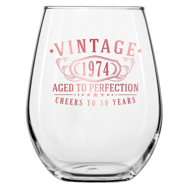 Vintage 1974 Rose Gold 17oz Stemless Wine Glass - 50th Birthday Aged to Perfection - 50 years old gifts - Best Gift Ideas Her Woman 1.0