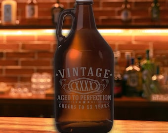 Vintage 19XX Birthday Etched 64oz Amber Growler -Aged to Perfection-Custom Growler-Birthday Gift-Vintage YTH