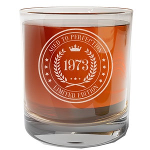 Vintage 1973 Etched 11oz Whiskey Rocks glass - 51 years old - 51st Birthday Gifts for Men, Scotch Bourbon Gift for Him Dad Circle