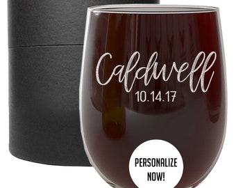Personalized Etched Stemless Wine Glass | Custom Wine Glass, Personalized Gift for Women, Gift for Her, Bridesmaid Gift, for Wife | Caldwell