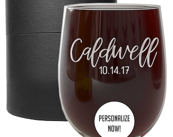 Personalized Etched Stemless Wine Glass | Custom Wine Glass, Personalized Gift for Women, Gift for Her, Bridesmaid Gift, for Wife | Caldwell