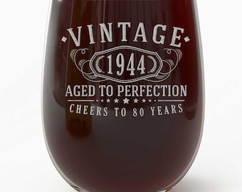 Vintage 1944 Etched 17oz Stemless Wine Glass - 80th Birthday Aged to Perfection - 80 years old gifts - Best Gift Ideas Her Woman 1.0