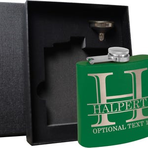 Personalized Etched Flask with Your Custom Text | 6oz, Green, Stainless Steel | Custom Etched Flask | Halpert