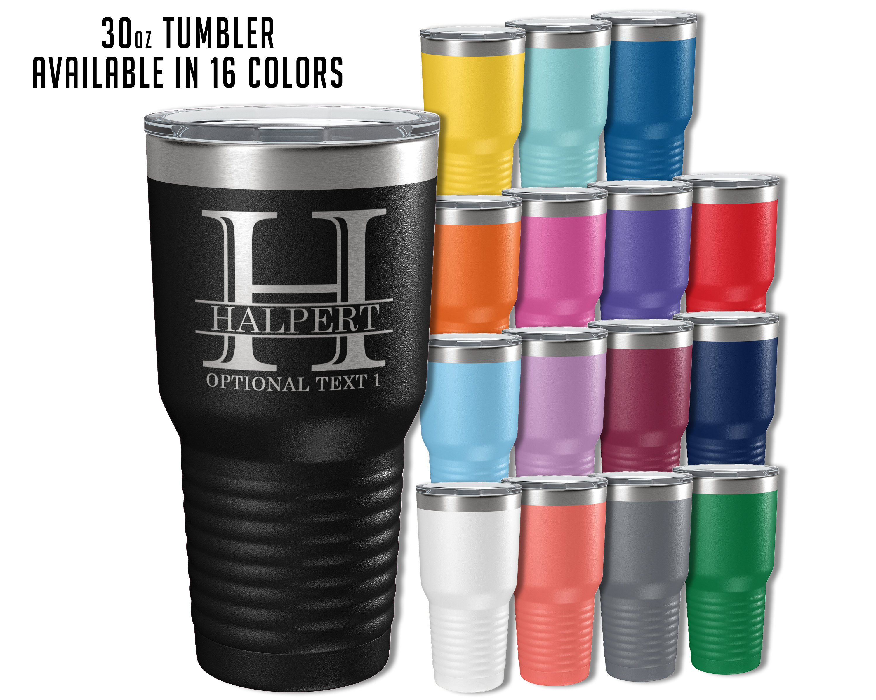 Personalized 30oz (17 Colors) Powder Coated Insulated Stainless Steel Tumbler With Lid, Custom Etched, Customized Engraved Gift Idea For Women Men Her Him, Halpert Monogram Initial Name (Light Blue