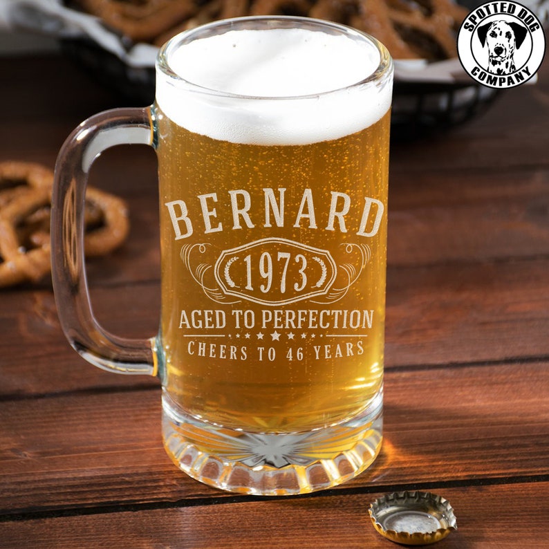Personalized Etched 16oz Beer Mug-Vintage-Aged Perfection-Birthday Supplies-Birthday Gift-Gifts for Men-Bernard