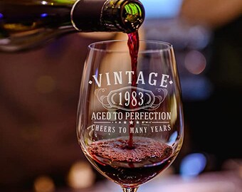 Vintage 1983 Etched 16oz Stemmed Wine Glass - 42nd Birthday Aged