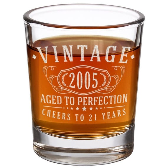 Vintage 2005 Etched 2.5oz Shot Glass – Happy 21st Birthday Gifts, Decorations Men Women Guy, Turning 21 Year Old, Bday Party Favors...