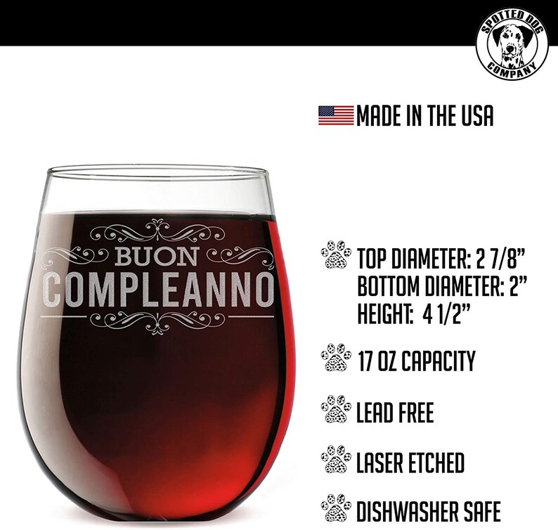 Italian Happy Birthday Etched Stemless Wine Glass 17oz Buon Compleanno Wine Glasses Charms Barware Aloli Ru