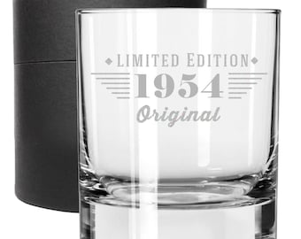 Vintage 1954 Etched 11oz Whiskey Rocks glass - 70 years old - 70th Birthday Gifts for Men, Scotch Bourbon Gift for Him Dad Maverick