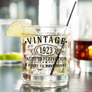 Vintage 1923 Printed 11oz Whiskey Rocks Glass - 102nd Birthday Aged to Perfection - 102 years  Bourbon Scotch Lowball Old Fashioned