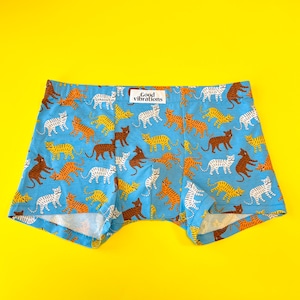 May include: Blue boxer shorts with a pattern of colourful tigers and the text "Good Vibrations" on the waistband.