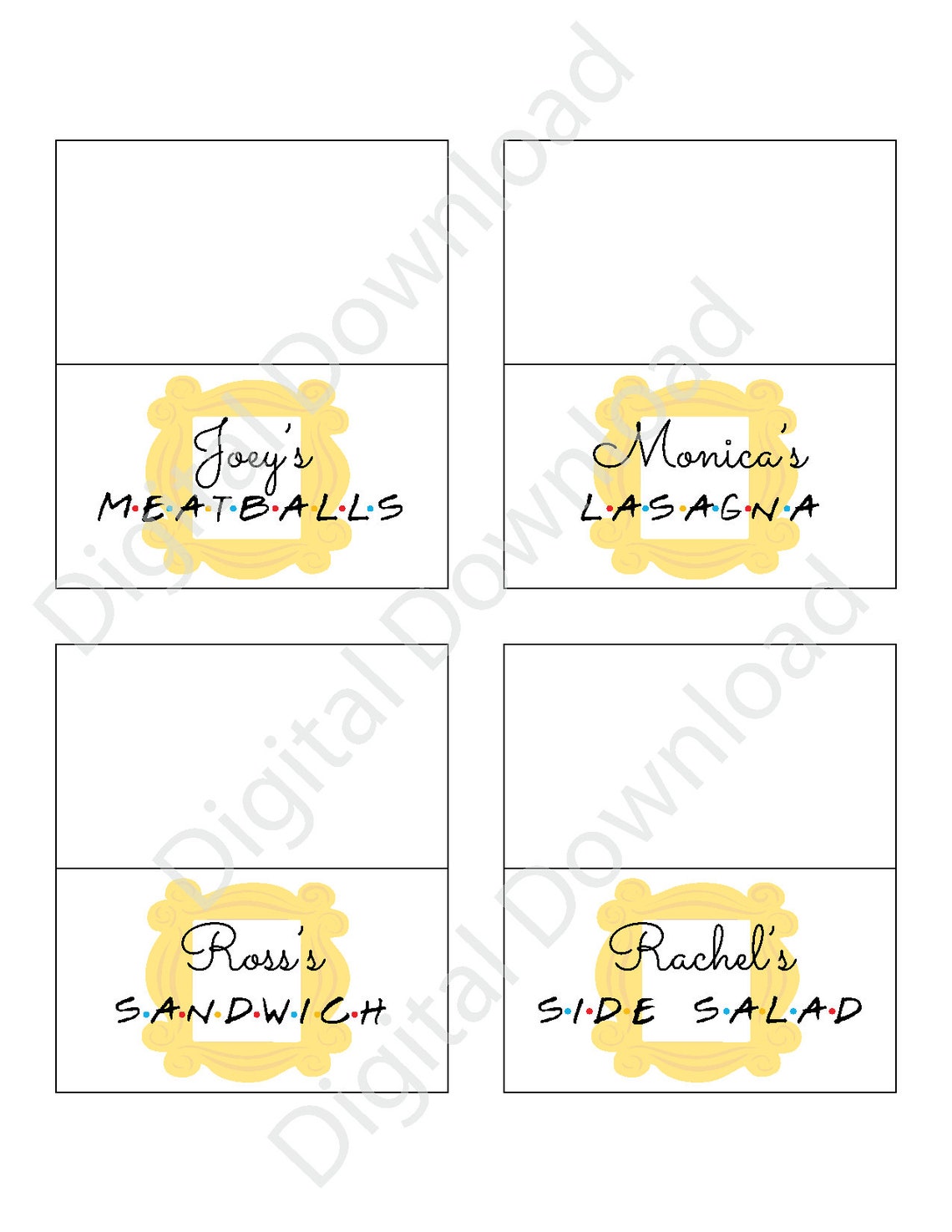Friends Themed Food Place Cards - Bridal Shower, Baby Shower, Birthday ...