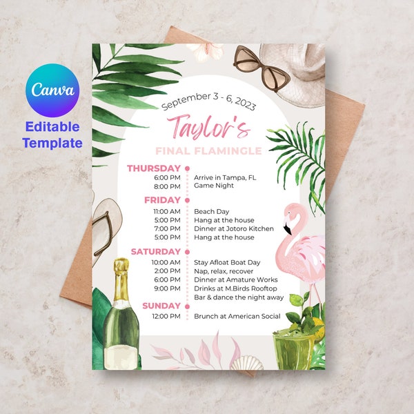 Final Flamingle Bachelorette Itinerary - Canva Template - DIY Design