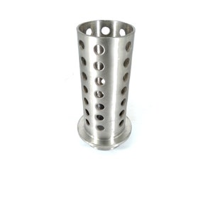 May include: A silver metal cylinder with a series of evenly spaced holes around the side. The cylinder has a flat base.