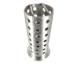 May include: A silver metal cylinder with a round base and a series of evenly spaced holes around the sides. The cylinder has a flat top with two horizontal bars across the top.