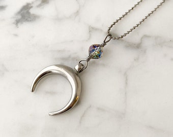 Silver Half Moon Pendant Necklace, Stainless Steel Crescent Moon with Vintage Aurora Borealis Crystal Pendant, Crescent Moon, N863