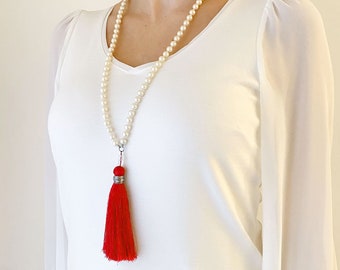 Pearl and Red Tassel Necklace; Vintage Hand Knotted Pearls with a Statement Deep Red Satin Tassel Pendant; No Clasp Necklace; N902-R-8