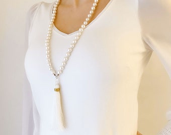 Pearl and White Tassel Necklace; Vintage Hand Knotted Pearls with a Statement White Satin Tassel Pendant; No Clasp Necklace; N902-W-10