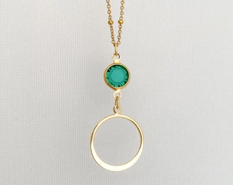 Emerald Green and Gold Flat Hoop Necklace, Real 18kt Gold Plated Hoop with Green Bezel Crystal Pendant Necklace, Gold Circle Necklace, N2205