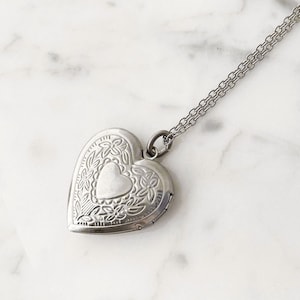 Etched Silver Heart Locket Necklace • Stainless Steel Silver Locket and Long Pendant Necklace • N2109