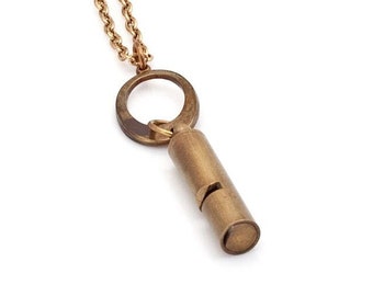 Working Whistle Necklace • Brass Oval Pendant and Whistle on Brass Chain Necklace • N002