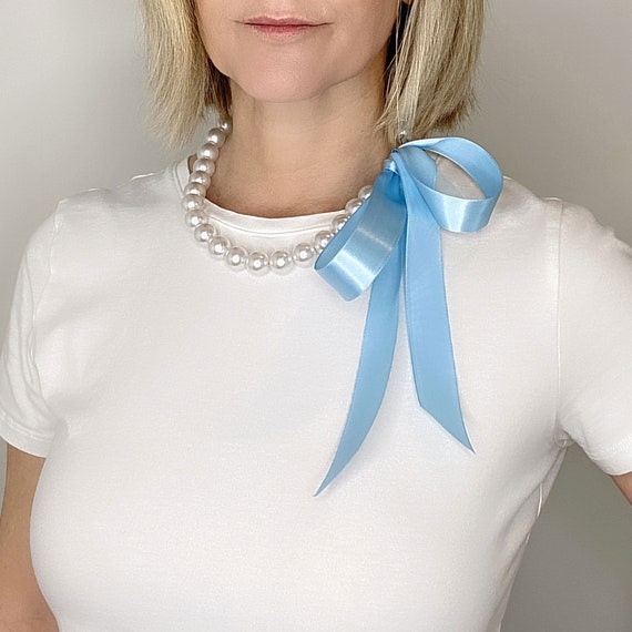 【Monday Edition】24SS TIE A PEARL RIBBON NECKLACE Chunky Pearl Ribbon Necklace • Blue Satin Ribbon Tie Pearl