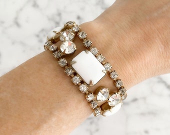 Vintage White Rhinestone Bracelet; Vintage Gold Tone Bracelet with White Cabochons and Clear Rhinestones; Heirloom Jewelry; Formal Event