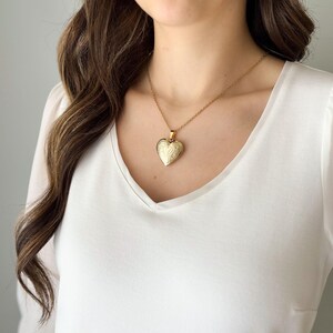 Etched Gold Heart Locket Necklace • Stainless Steel Gold Tone Plated Locket • Long Pendant Necklace • N2203