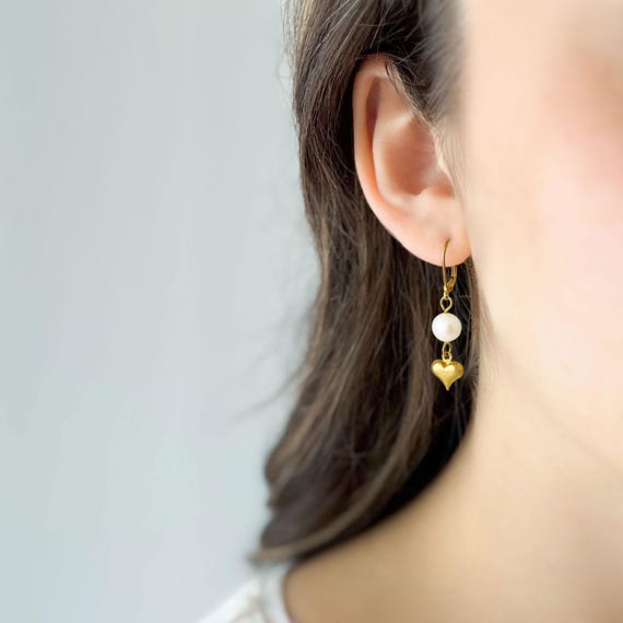 White Freshwater Pearl & Gold Heart Earrings, Cute Lightweight Puff Heart Dangle Earrings, 18kt Gold Plated Ear Wires, Everyday Style, E2108