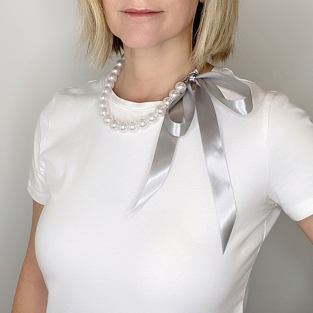 TATIANA☆[Silver925] Ribbon Tie Pearl Necklace Chunky Pearl Ribbon Necklace • Grey Satin Ribbon Tie Pearl
