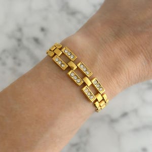 Clear Rhinestone Gold Panther Chain Bracelet, Matching Necklace and Earrings Available, Vintage Gold Tone Panther Chain Link Jewelry B240252