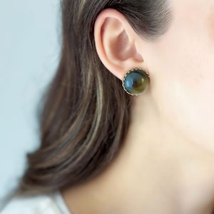 Large Round Gold and Taupe Dome Stud Earrings, Statement Cabochons in Gold Crown Frames, Lightweight Upcycled Studs for Pierced Ears S170146