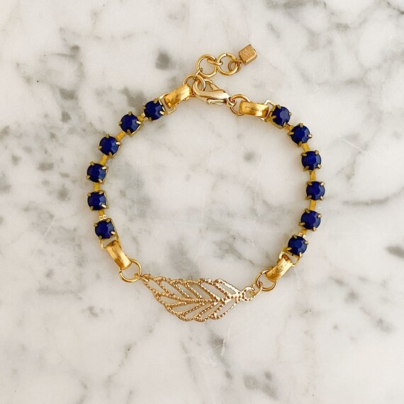 Blue Rhinestone and Gold Leaf Bracelet, Vintage B… - image 3