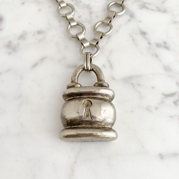 Vintage Agatha Lock Necklace, Faux Silver Padlock… - image 1