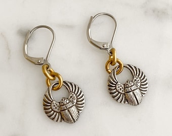 Silver Beetle Earrings, Egyptian Scarab Beetles, Cottagecore Earrings, Entomology Insect Jewelry, Gift for Entomologist E953
