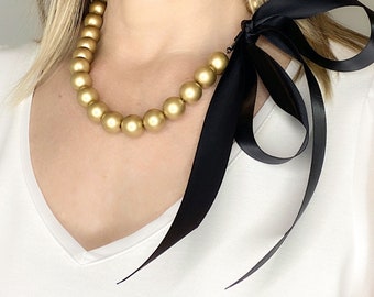 Gold Pearl Ribbon Necklace • Pearl Necklace with Ribbon Tie and Your Choice of Color • Gift for Her by Green Bijou • N2113