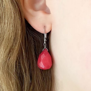 Vintage Red Cherry Quartz Tear Drop Earrings; Faceted Scarlet Teardrops; Your Choice of Surgical Steel Ear Wires; Dark Pink Stones; E190439
