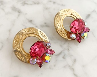 Gold and Pink Hoop Studs; Statement Aurora Borealis, Pink Crystal and Textured Wide Gold Tone Hoops; made from Vintage Clip Earrings S180293