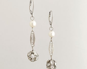 Long Silver Earrings, Made with Vintage Rhinestone Balls, Pearls and Filigree Links, Elegant and Lightweight, Bridgerton Regency Style, E406
