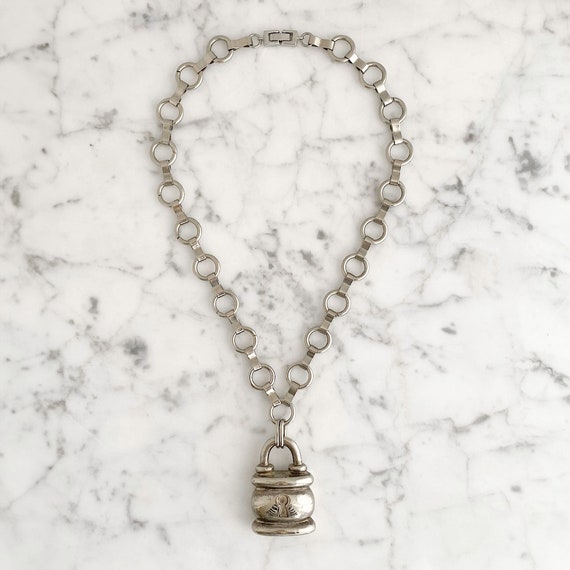 Vintage Agatha Lock Necklace, Faux Silver Padlock… - image 3