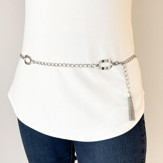 Vintage Silver Oval Link Chain Belt & Tassel, 1970s Retro  display picture 2