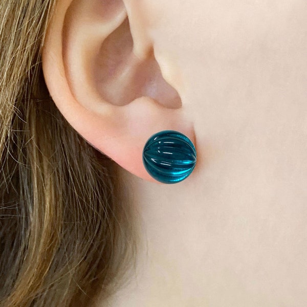 Teal Studs; These Ridged Dome Indicolite Stud Earrings are a Deep Teal Blue Colour • Great Gift Idea for June Birthdays • S902-RI