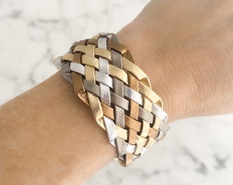 Four Color Metallic Braided Bracelet; Mixed Metal Leather Wrap Bracelet made from a Vintage Belt; Easy Magnetic Clasp Bracelet; B2101-M