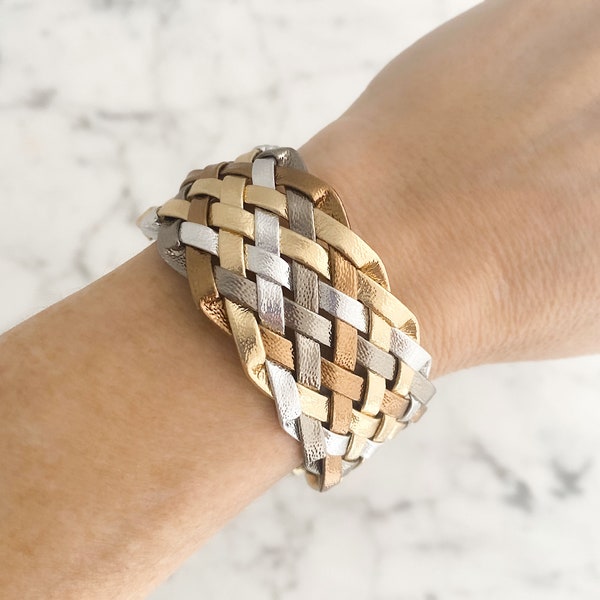 Four Color Metallic Braided Bracelet; Mixed Metal Leather Wrap Bracelet made from a Vintage Belt; Easy Magnetic Clasp Bracelet; B2101-M
